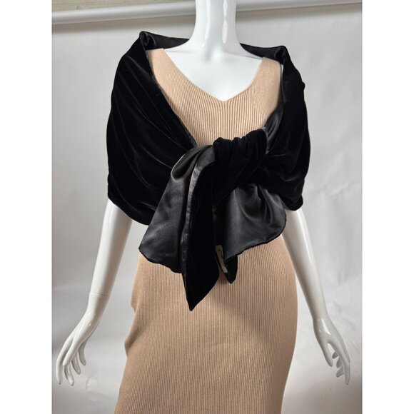 Black Velvet & Satin Evening Wrap Scarf Shawl By Eddie Bauer - Picture 8 of 16